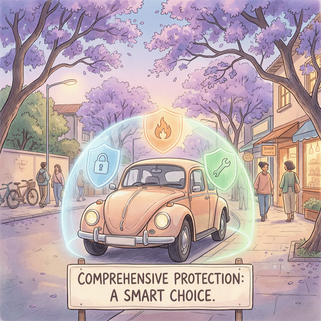 Comprehensive motor insurance cover shown as a golden, protective scene with a car surrounded by shields for theft, fire, and repair.