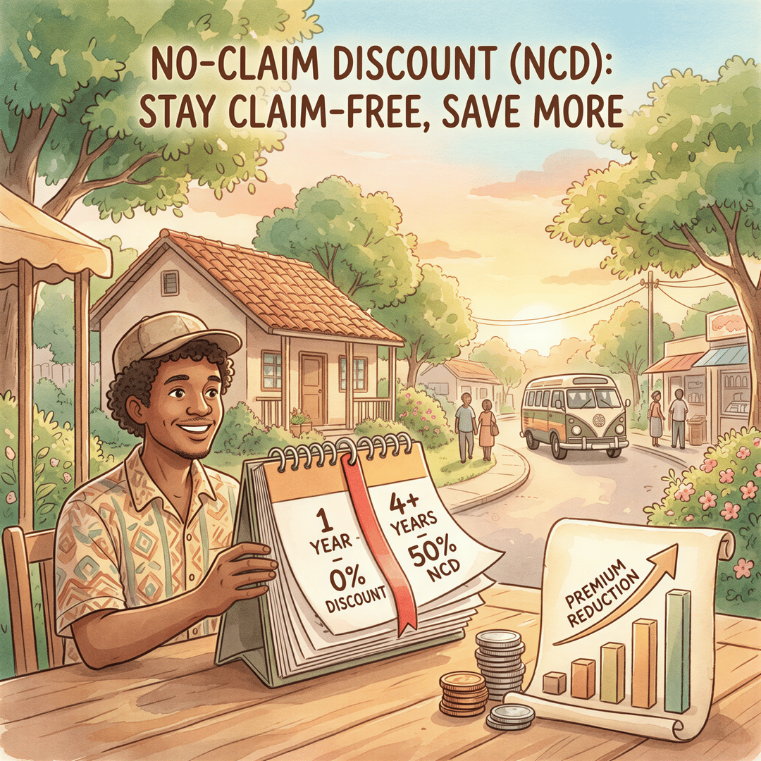 No-Claim Discount concept shown as a hopeful progression: calendar pages, coins, and a smiling driver.