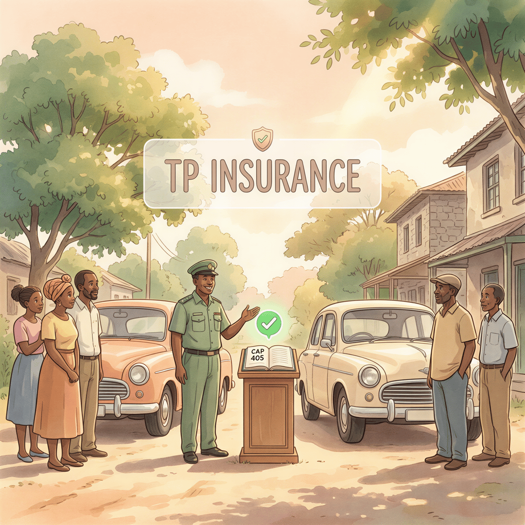 Kenya's mandatory third-party motor insurance explained with a soft Studio Ghibli scene: calm street, law book labeled Cap 405, and friendly drivers.