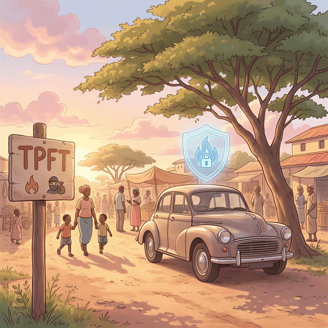 TPFT (Third Party, Fire and Theft) coverage shown as a practical middle-ground image with a car, a shield icon, and a small fire and lock symbol.